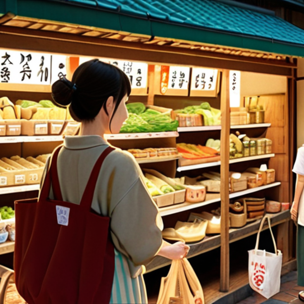 **

A heartwarming scene depicting a diverse group of Japanese consumers engaging with a brand's ethical and sustainable products at a local market. Focus on warm lighting, natural textures, and a sense of community. Include elements like reusable shopping bags, handcrafted goods, and signage in elegant Japanese calligraphy highlighting the brand's commitment to environmental protection.  Style: Soft, painterly illustration with a focus on warm colors and natural light, reminiscent of Studio Ghibli.

**