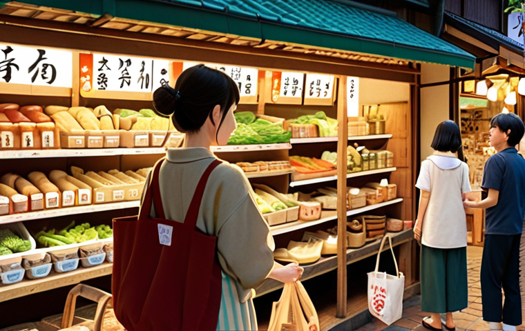 **

A heartwarming scene depicting a diverse group of Japanese consumers engaging with a brand's ethical and sustainable products at a local market. Focus on warm lighting, natural textures, and a sense of community. Include elements like reusable shopping bags, handcrafted goods, and signage in elegant Japanese calligraphy highlighting the brand's commitment to environmental protection.  Style: Soft, painterly illustration with a focus on warm colors and natural light, reminiscent of Studio Ghibli.

**
