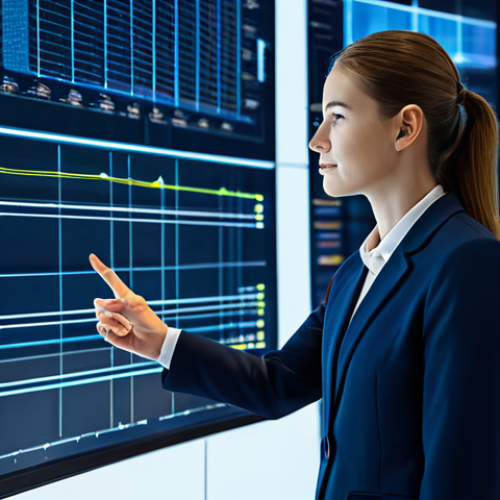 A professional brand strategist, fully clothed in a modest business suit, is observing complex data visualizations on large, glowing transparent screens in a futuristic, clean office environment. The scene emphasizes the fusion of artificial intelligence and human insight in modern brand strategy. Soft, diffused lighting creates an inviting and professional atmosphere. perfect anatomy, correct proportions, natural pose, well-formed hands, proper finger count, natural body proportions, professional photography, high resolution, appropriate attire, safe for work, appropriate content, professional.