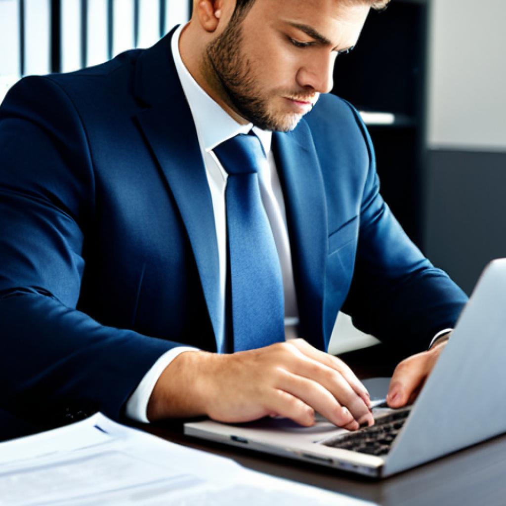 A male legal professional in a modest business suit, seated at a modern office desk, reviewing legal documents on a laptop. The background features a blurred, contemporary office interior with filing cabinets and soft lighting. The scene emphasizes focus and diligence. Professional dress, fully clothed, safe for work, appropriate content, perfect anatomy, correct proportions, natural pose, well-formed hands, proper finger count, natural body proportions.