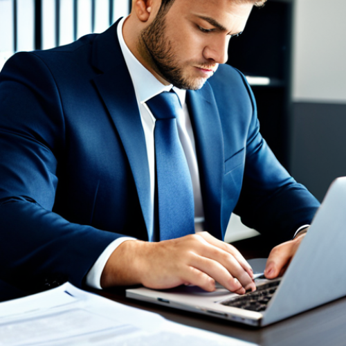 A male legal professional in a modest business suit, seated at a modern office desk, reviewing legal documents on a laptop. The background features a blurred, contemporary office interior with filing cabinets and soft lighting. The scene emphasizes focus and diligence. Professional dress, fully clothed, safe for work, appropriate content, perfect anatomy, correct proportions, natural pose, well-formed hands, proper finger count, natural body proportions.