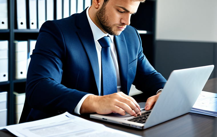 A male legal professional in a modest business suit, seated at a modern office desk, reviewing legal documents on a laptop. The background features a blurred, contemporary office interior with filing cabinets and soft lighting. The scene emphasizes focus and diligence. Professional dress, fully clothed, safe for work, appropriate content, perfect anatomy, correct proportions, natural pose, well-formed hands, proper finger count, natural body proportions.