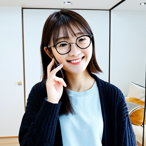 AR Shopping Experience**

A young Japanese woman in a stylish, modern apartment, smiling as she virtually "tries on" different eyeglass frames using an AR app on her smartphone. The room is bright and airy, with minimalist decor.  She's wearing casual, comfortable clothes. Soft, diffused lighting.  Keywords: AR shopping, virtual try-on, eyeglasses, Japanese apartment, modern, lifestyle, technology, convenient, friendly.

**