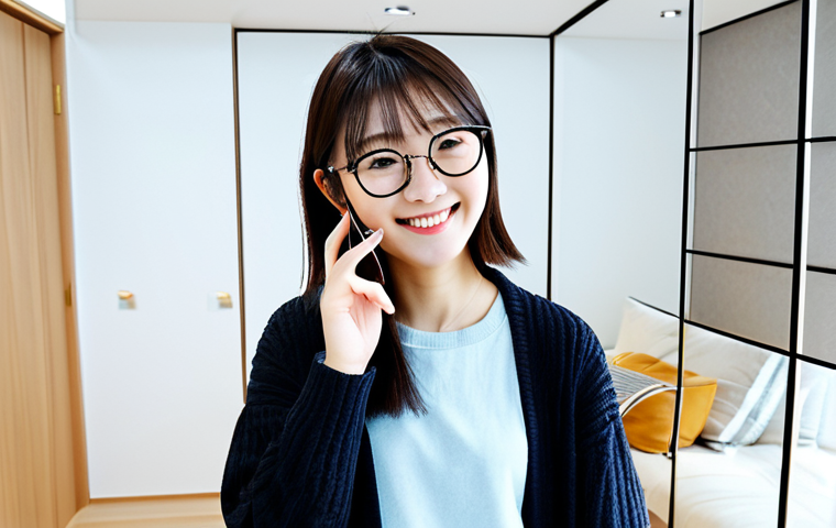AR Shopping Experience**

A young Japanese woman in a stylish, modern apartment, smiling as she virtually "tries on" different eyeglass frames using an AR app on her smartphone. The room is bright and airy, with minimalist decor.  She's wearing casual, comfortable clothes. Soft, diffused lighting.  Keywords: AR shopping, virtual try-on, eyeglasses, Japanese apartment, modern, lifestyle, technology, convenient, friendly.

**