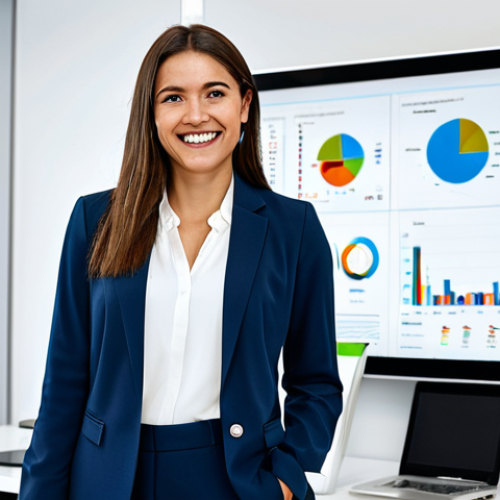 Digital Marketing Professional**

A confident brand marketer, female, in her late 20s, smiling slightly, standing in a modern, bright office. She is wearing a stylish, fully clothed business casual outfit: blazer, blouse, and slacks. In the background, a large screen displays web analytics data.  Safe for work, appropriate content, fully clothed, professional, perfect anatomy, correct proportions, well-formed hands. Focus on conveying competence and data-driven skills.

**