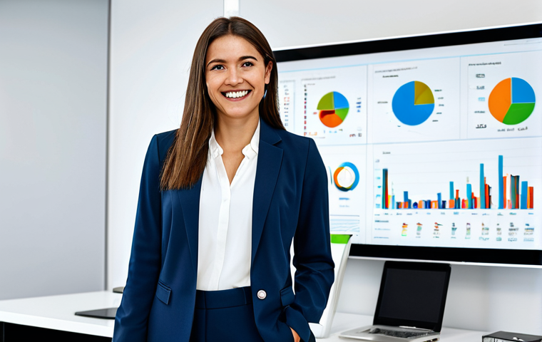 Digital Marketing Professional**

A confident brand marketer, female, in her late 20s, smiling slightly, standing in a modern, bright office. She is wearing a stylish, fully clothed business casual outfit: blazer, blouse, and slacks. In the background, a large screen displays web analytics data.  Safe for work, appropriate content, fully clothed, professional, perfect anatomy, correct proportions, well-formed hands. Focus on conveying competence and data-driven skills.

**