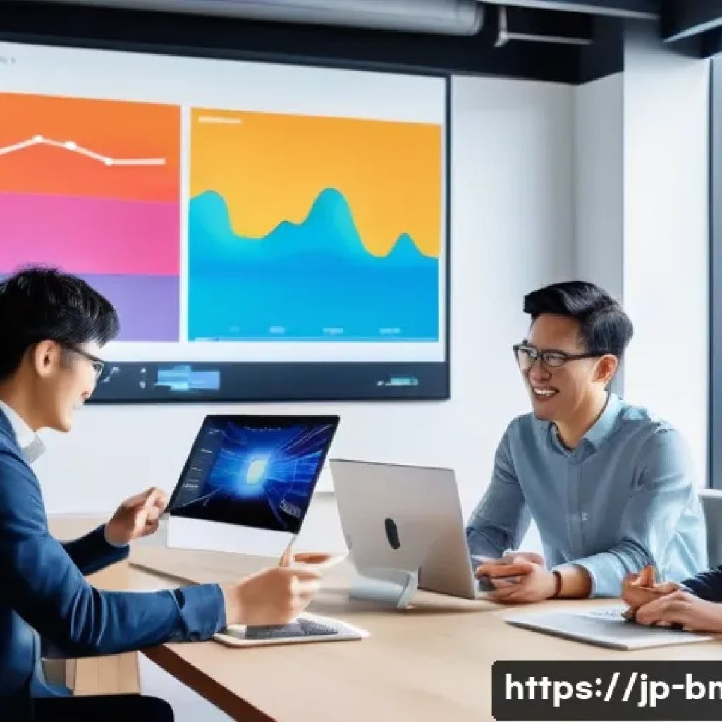 브랜드 마케터 직무 기술서 작성법 - A modern Japanese marketing office scene, featuring a diverse team of young professionals collaborat...