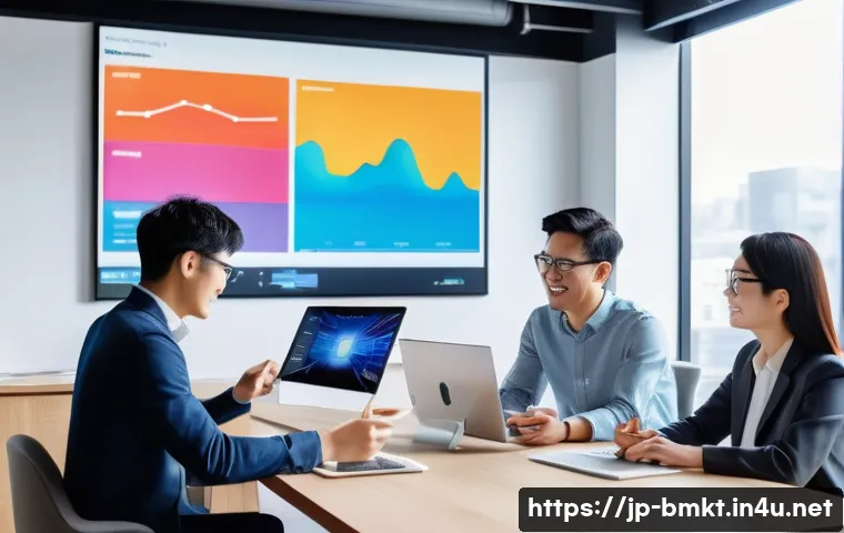 브랜드 마케터 직무 기술서 작성법 - A modern Japanese marketing office scene, featuring a diverse team of young professionals collaborat...