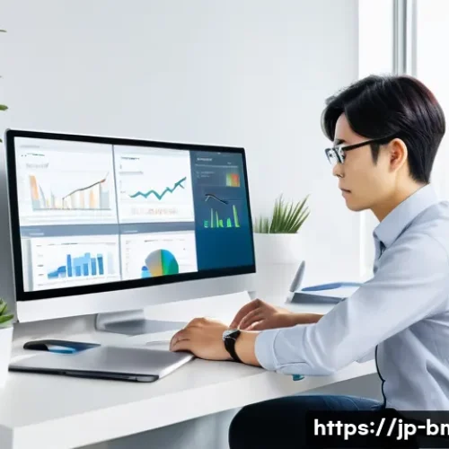 브랜드 마케터의 커리어맵 만들기 - A modern Japanese brand marketer working diligently at a sleek office desk, surrounded by digital de...