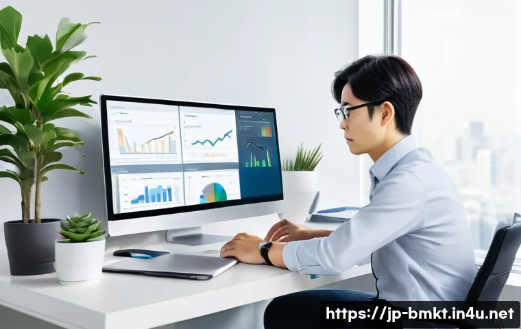 브랜드 마케터의 커리어맵 만들기 - A modern Japanese brand marketer working diligently at a sleek office desk, surrounded by digital de...