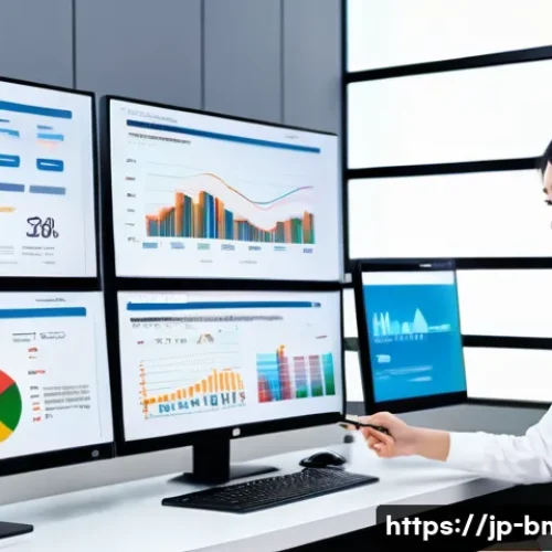 브랜드 마케팅 성공 사례 분석 - A modern Japanese office scene showing a marketing team analyzing detailed customer data on multiple...